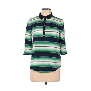 Tommy Hilfiger Shirt Womens Large Green Blue Striped Polo Short Sleeve Collared